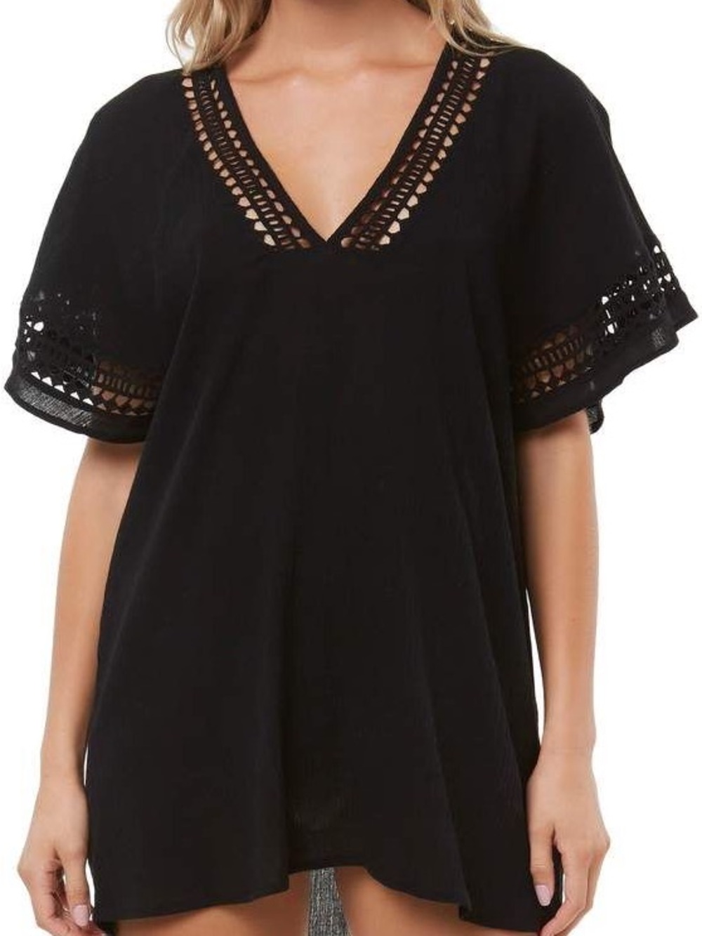 O'Neill Black Crochet V-Neck Flutter Sleeve Tunic